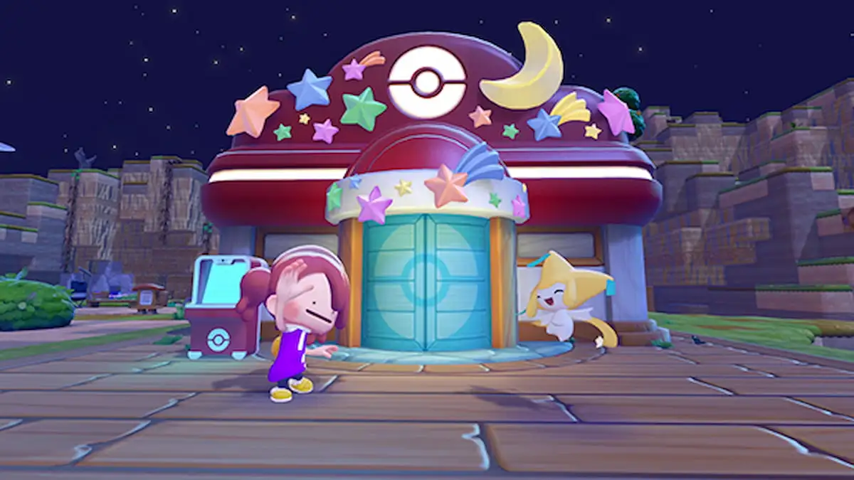 Ditto player standing with jirachi in front of pokemon center in pokopia