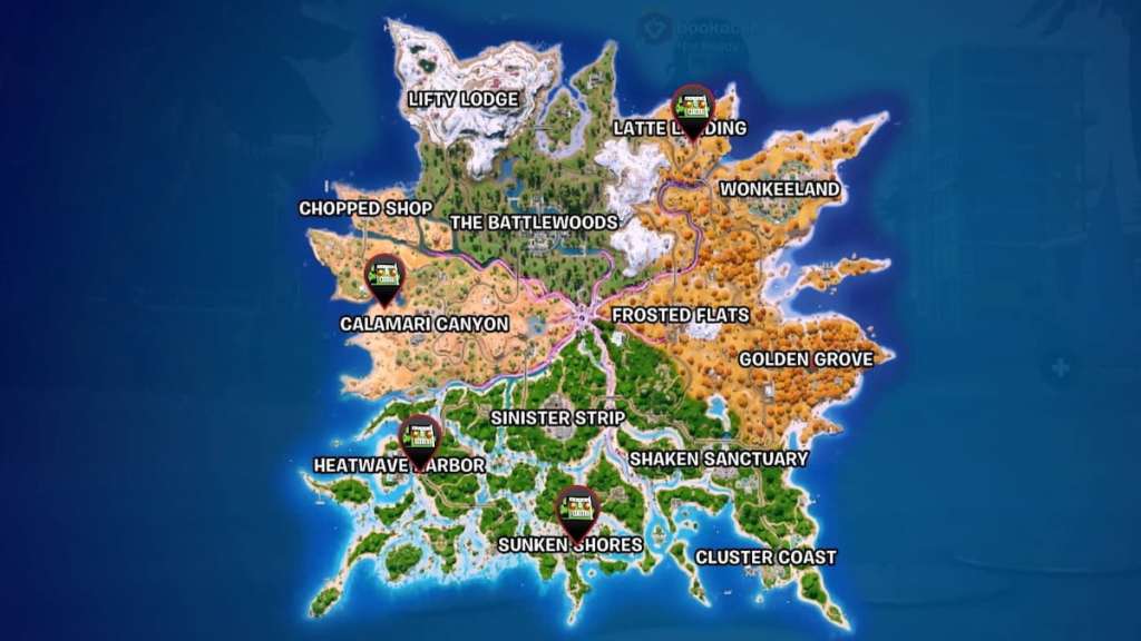 All four specialist map locations marked in fortnite