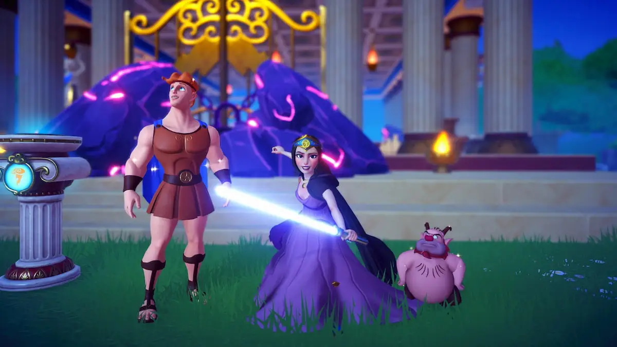 Player standing holding lightsaber next to hercules and phil in disney dreamlight valley