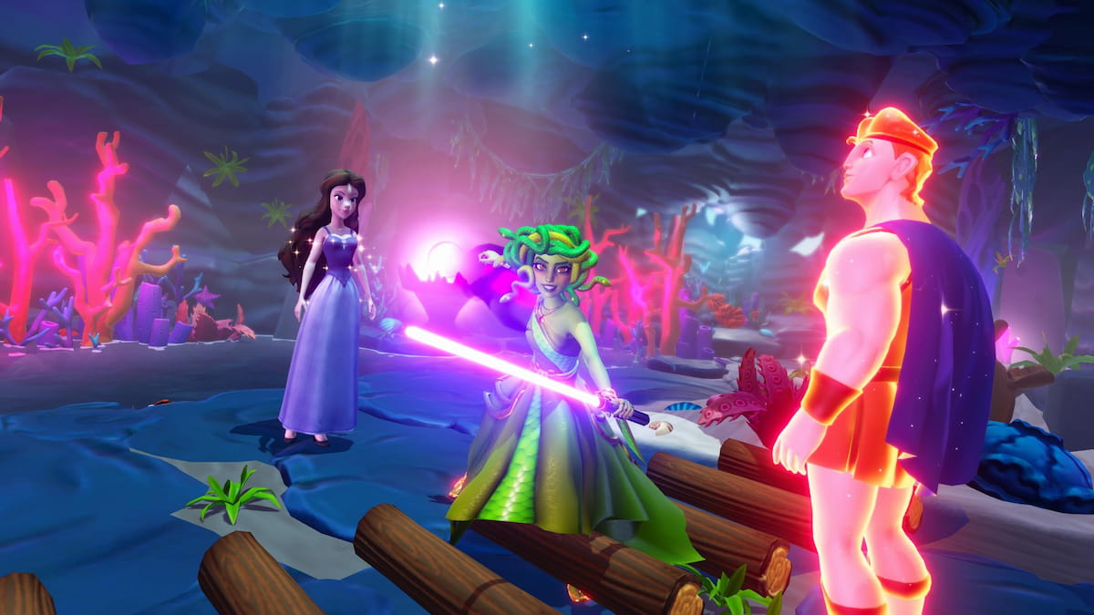 Standing in cursed cave with ursula and hercules in disney dreamlight valley
