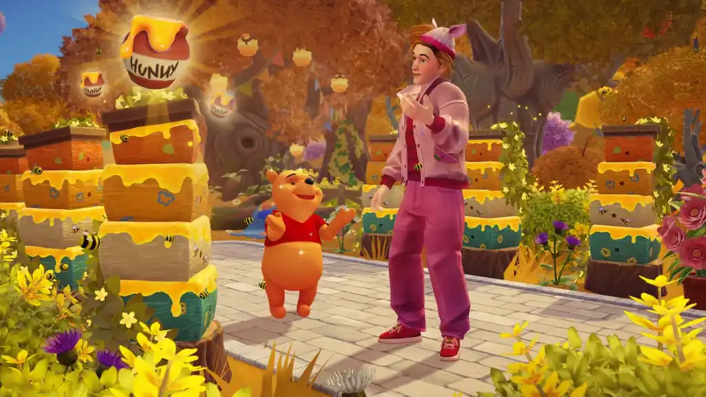 Player standing with Pooh next to honey from beehives in disney dreamlight valley