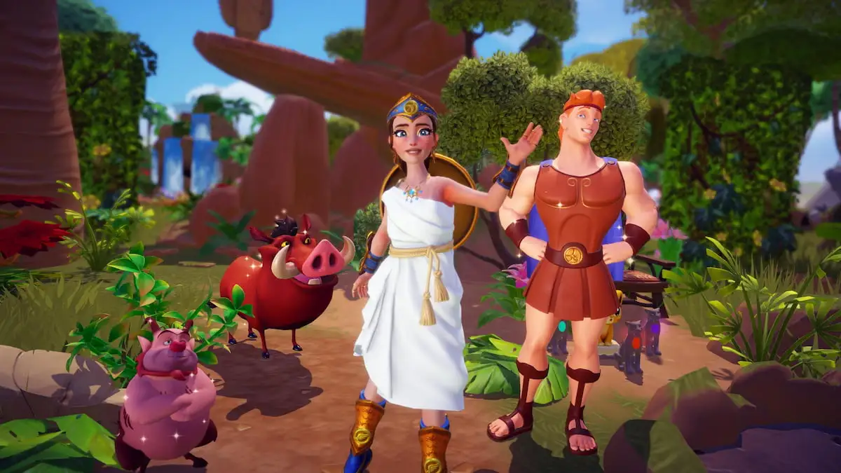 Standing with Pumbaa, Phil, and Hercules in disney dreamlight valley
