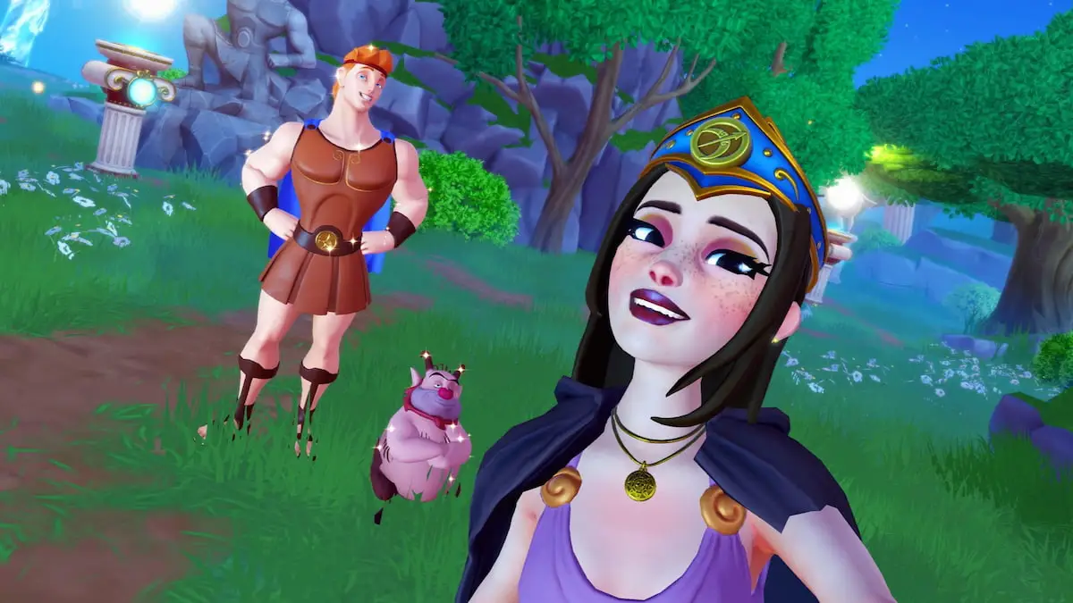 Taking picture with hercules and phil in disney dreamlight valley
