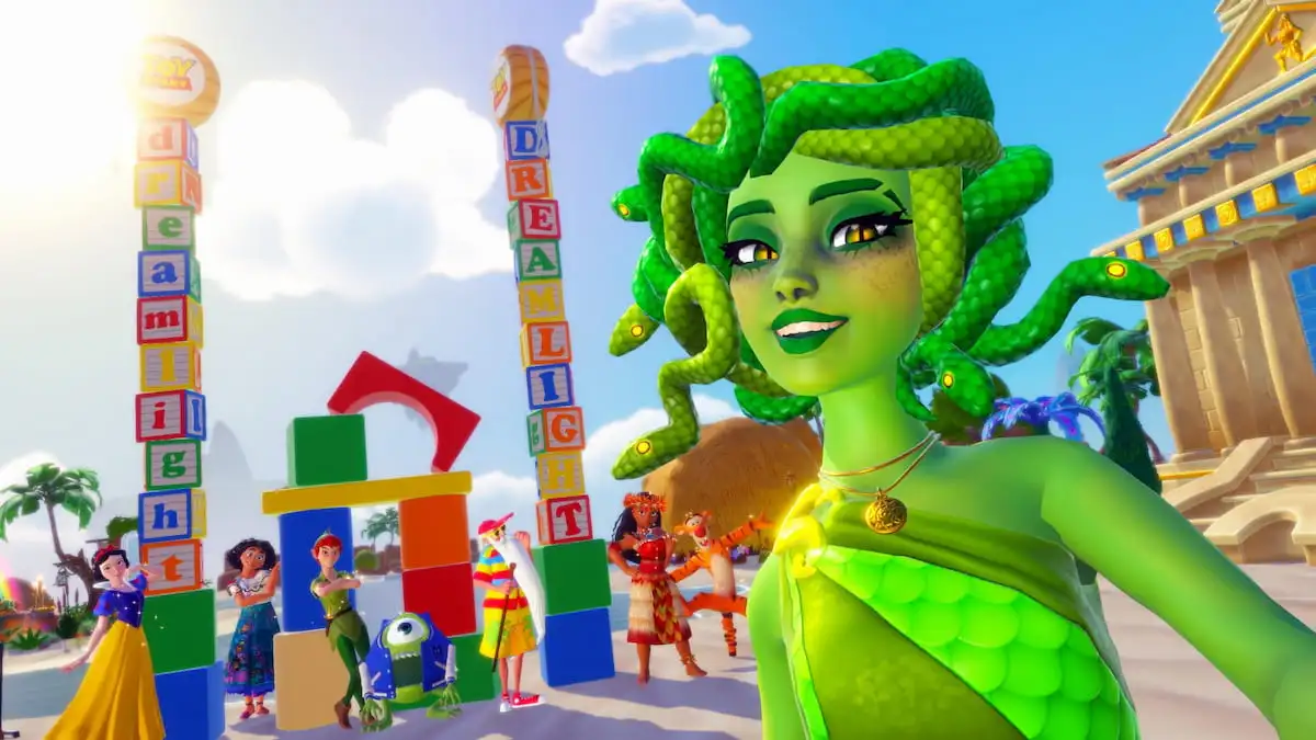 Taking picture with parks fest blocks in disney dreamlight valley