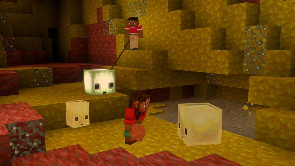 Two players standing with sulfur cubes in minecraft