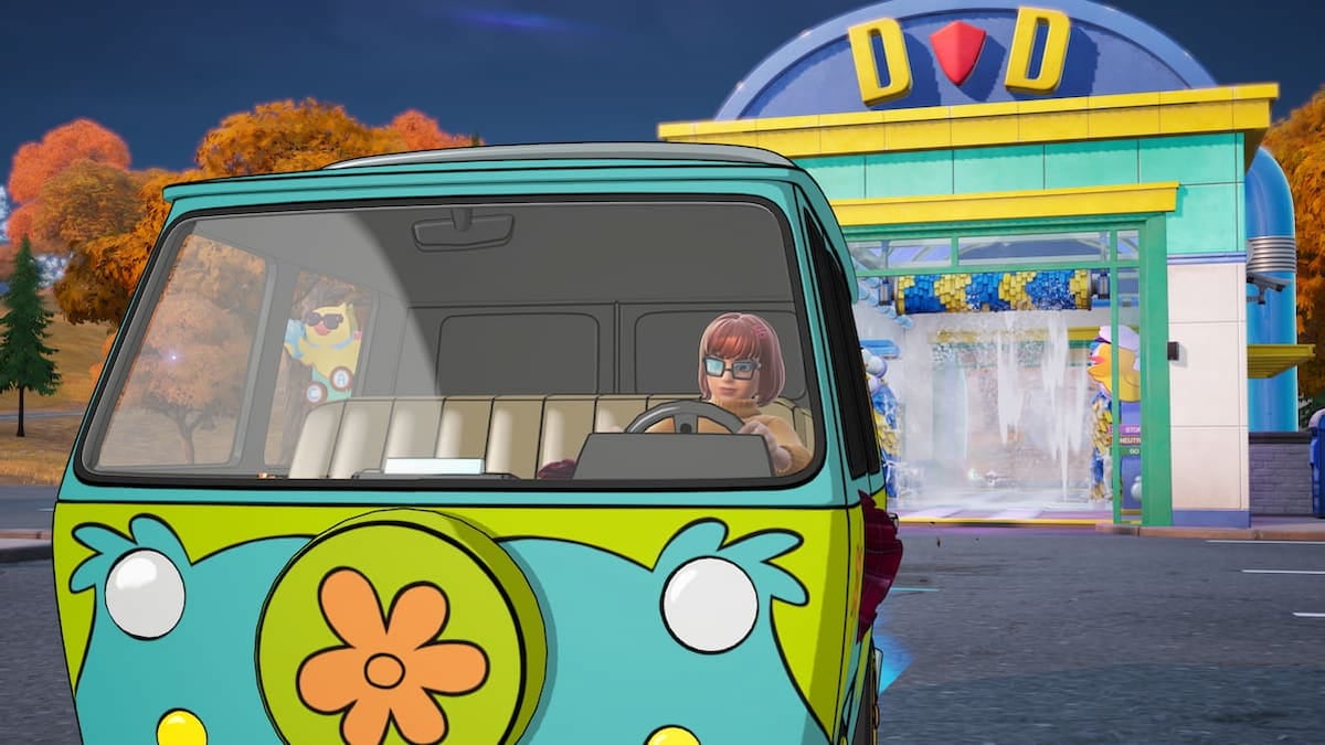Velma driving by car wash in fortnite
