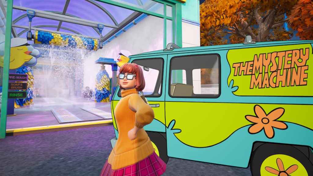 Velma standing by car at car wash in fortnite