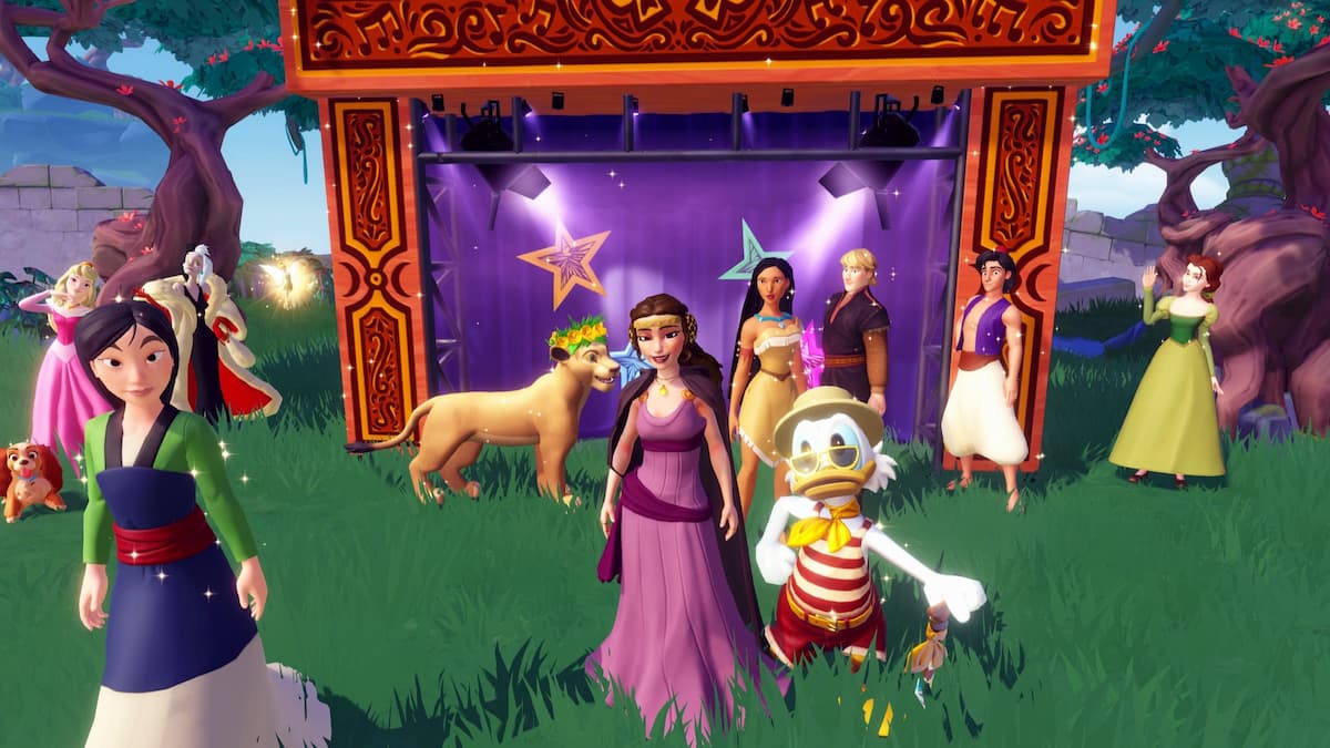 Player standing with a big group of villagers in disney dreamlight valley