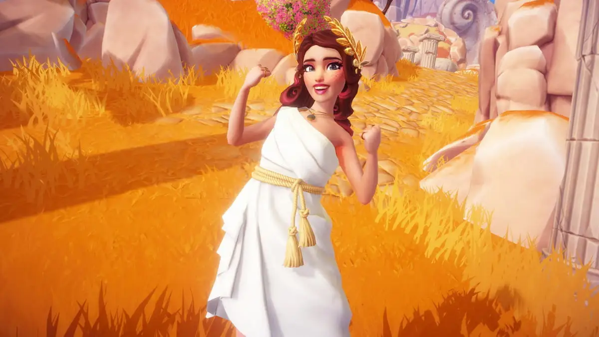 Wearing ivory and gold toga dress in disney dreamlight valley