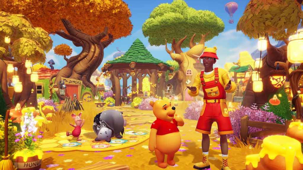 Player in winnie the pooh clothes standing surrounded by winnie the pooh items in disney dreamlight valley