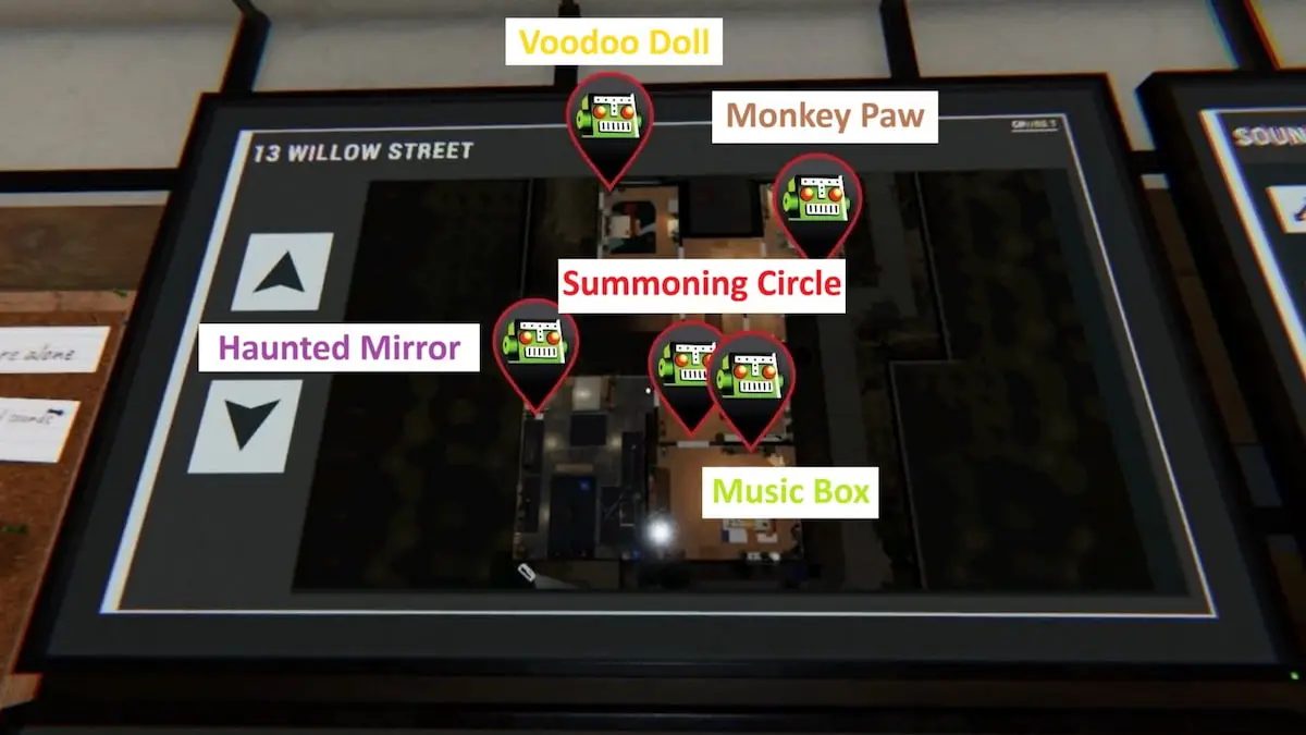 All first floor 13 willow street cursed item map locations marked in phasmophobia