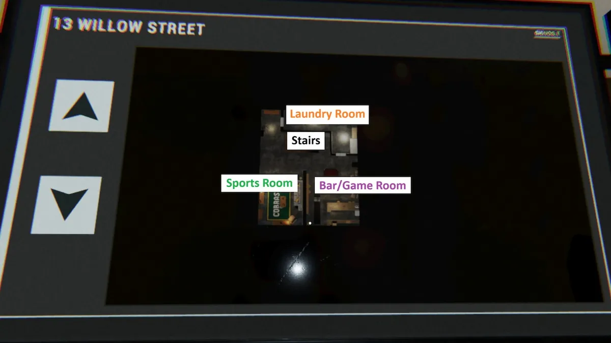 Basement of 13 willow street marked with room names in phasmophobia