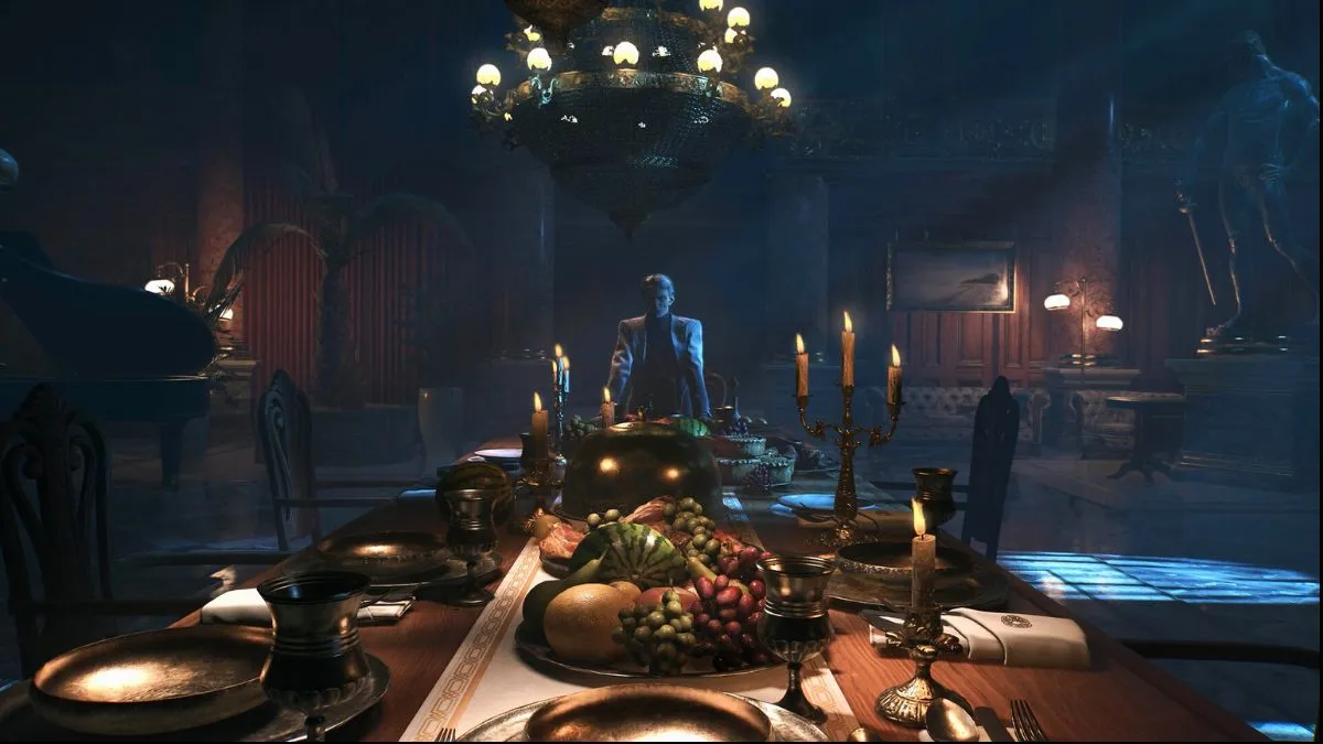 A scene from Dying Light The Beast in which you face a person across a massive dining table.
