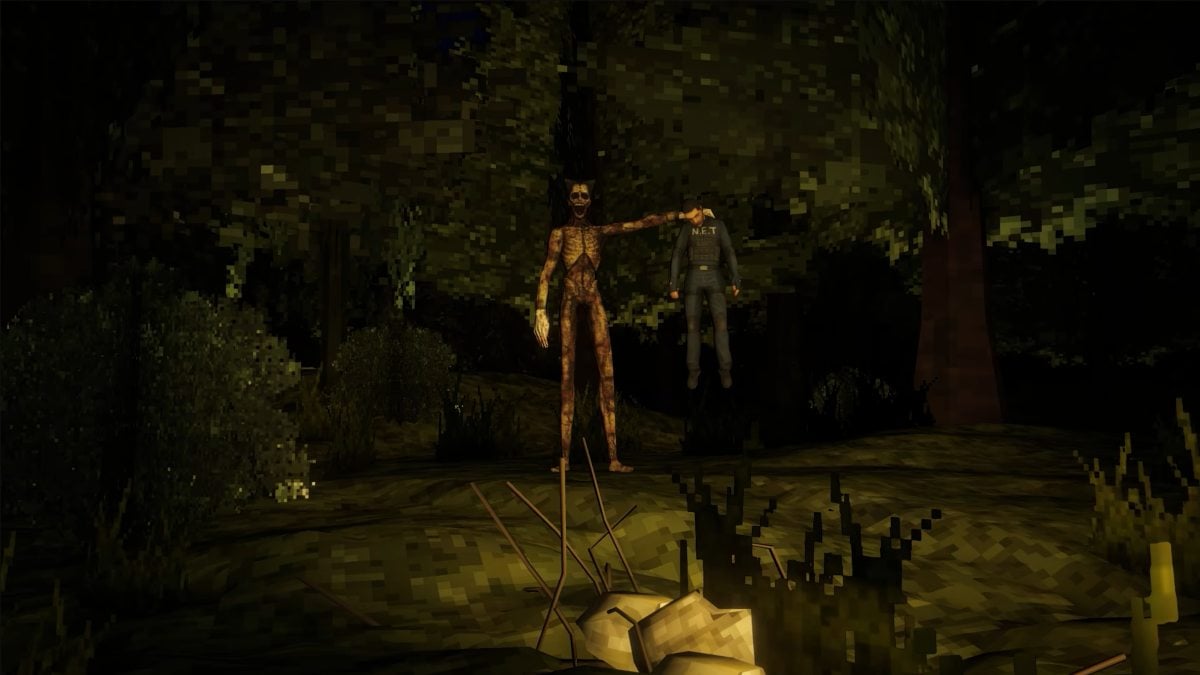 Doopelganger holding officer's body up with one hand in from of surrounding forest