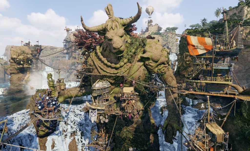 A large minotaur statue with a tavern built off the side in Corsair Cove.