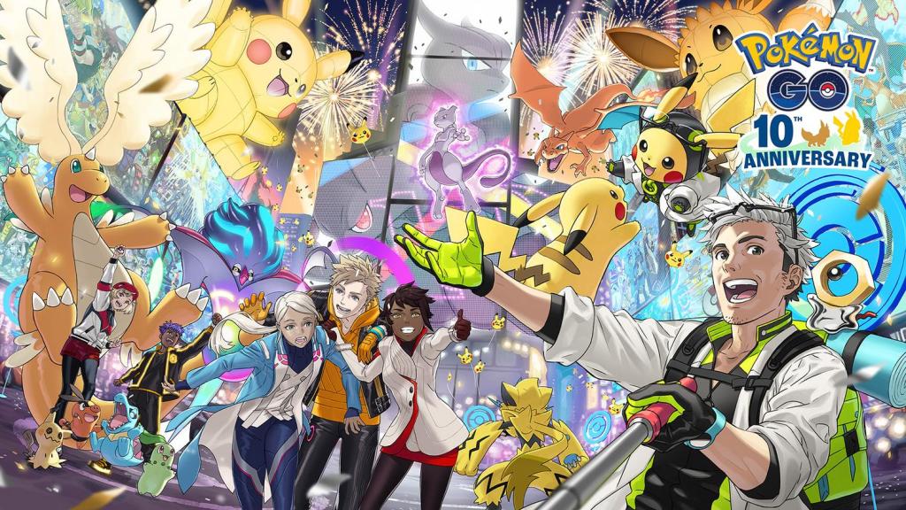 Promotional art from Pokemon Go's 10th anniversary showing the gym leaders, a bunch of mega evolved pokemon, and pikachu