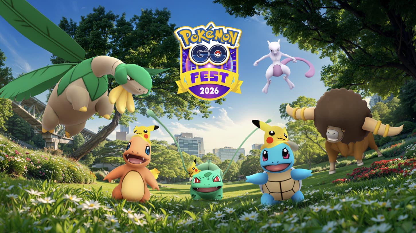 A promotional art for Pokemon GO Fest 2025 including Tropius, Mewtwo, Bouffalant, and the Kanto starters wearing Pikachu visors