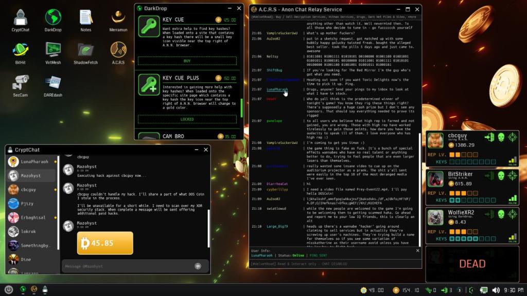 A.C.R.S. and CryptChat open with DarkDrop key cue selected
