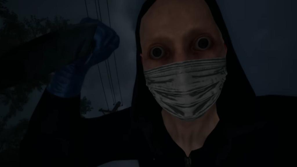 Close up of Breather's face, wearing a mask, and wielding a knife