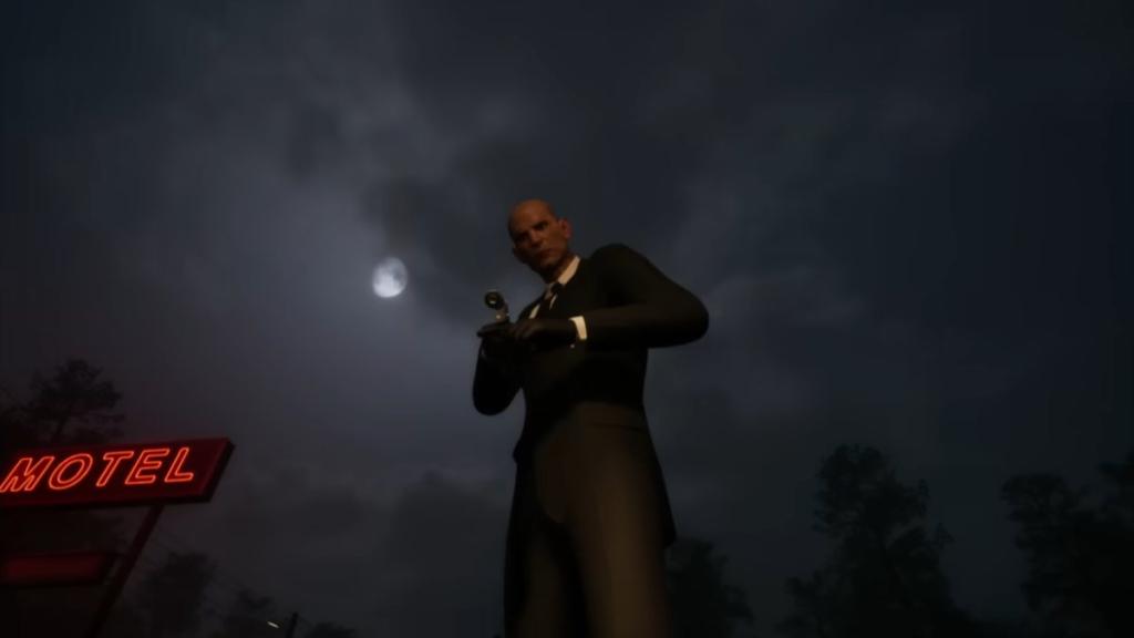 Lucas looking down at Simon in Motel parking lot, shooting his pistol