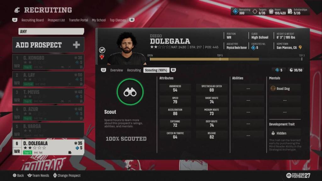 Scouting an athlete in CFB 27