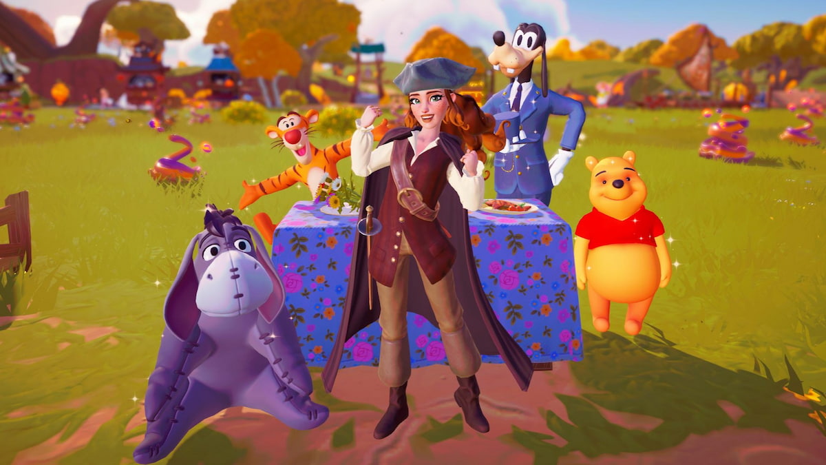 Player enjoying a picnic with eeyore, pooh, goofy, and tigger in disney dreamlight valley