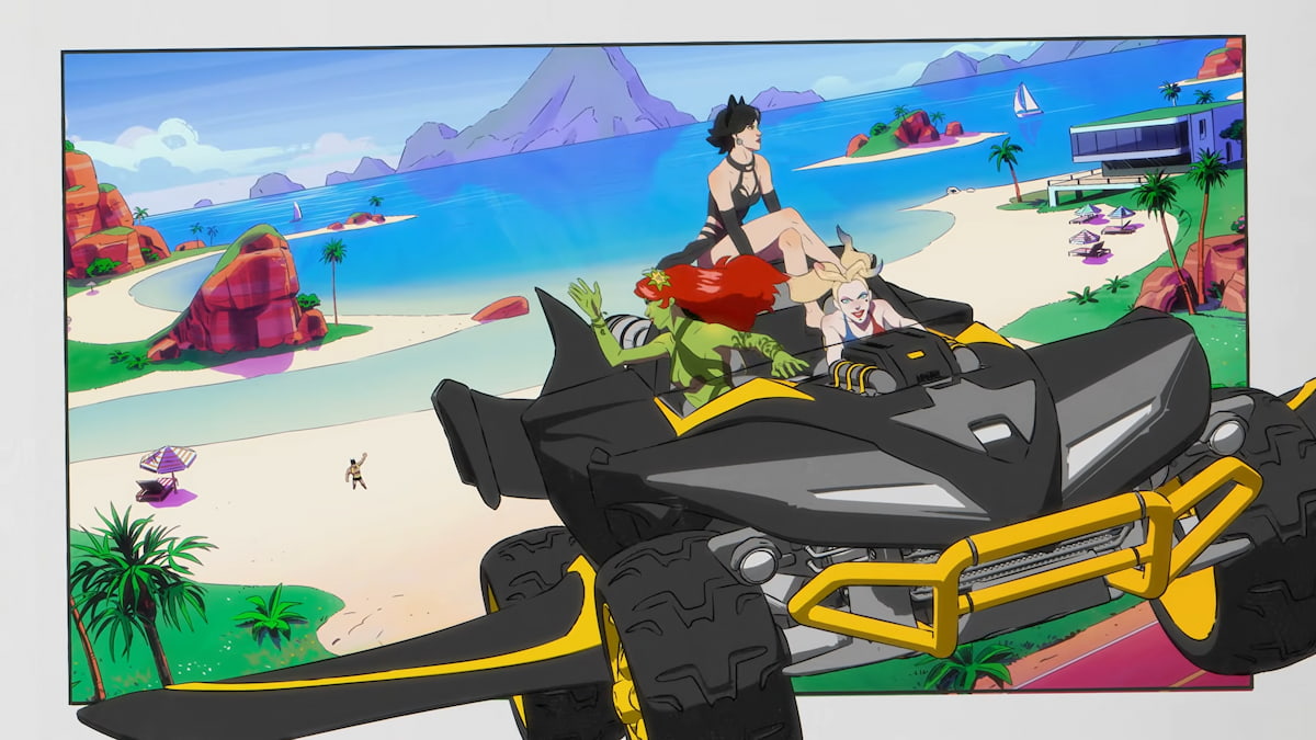 Batman villains driving bat buggy away from beach in fortnite