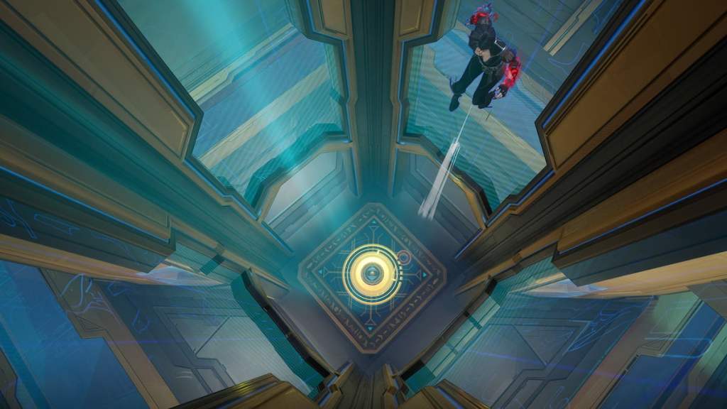 Jubilee being launched by central pyramid elevator in Marvel Rivals