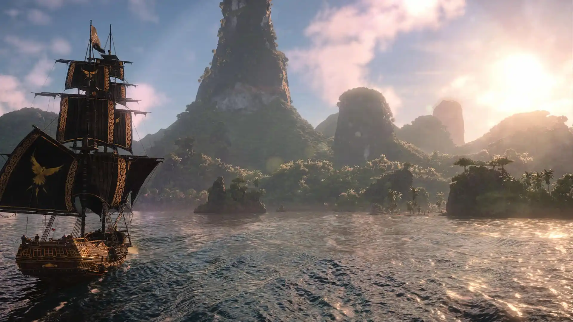 The Jackdaw sailing into a harbor in Black Flag Resynced.