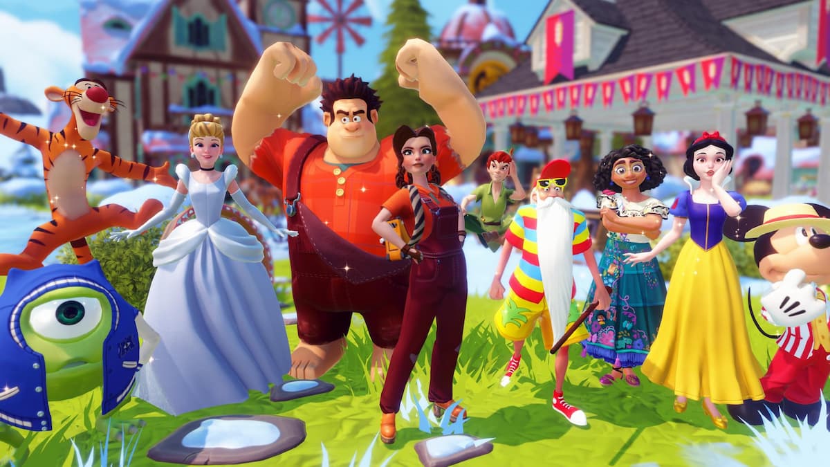 Player standing with large group of villagers in disney dreamlight valley