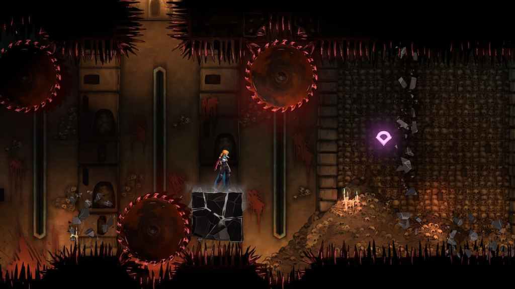 Rose Belmont standing on a rock amid spikes and saws in Castlevania Belmont's Curse.