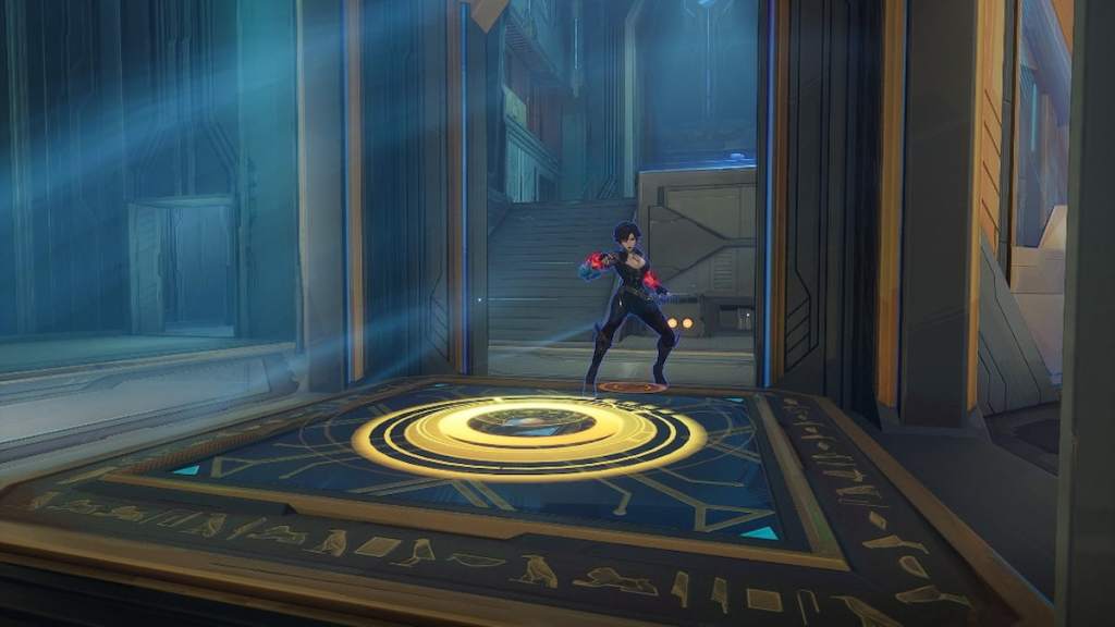 Jubilee standing by central pyramid elevator in Marvel Rivals