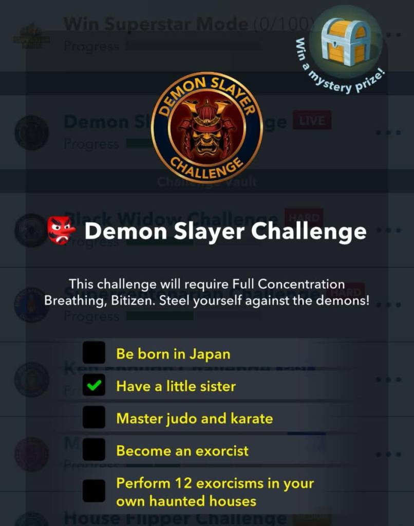 Demon slayer challenge goals in bitlife