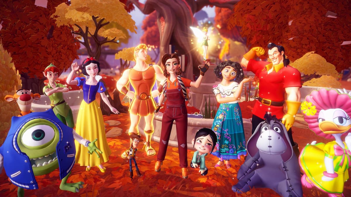 Player with big group of villagers by a fountain in disney dreamlight valley