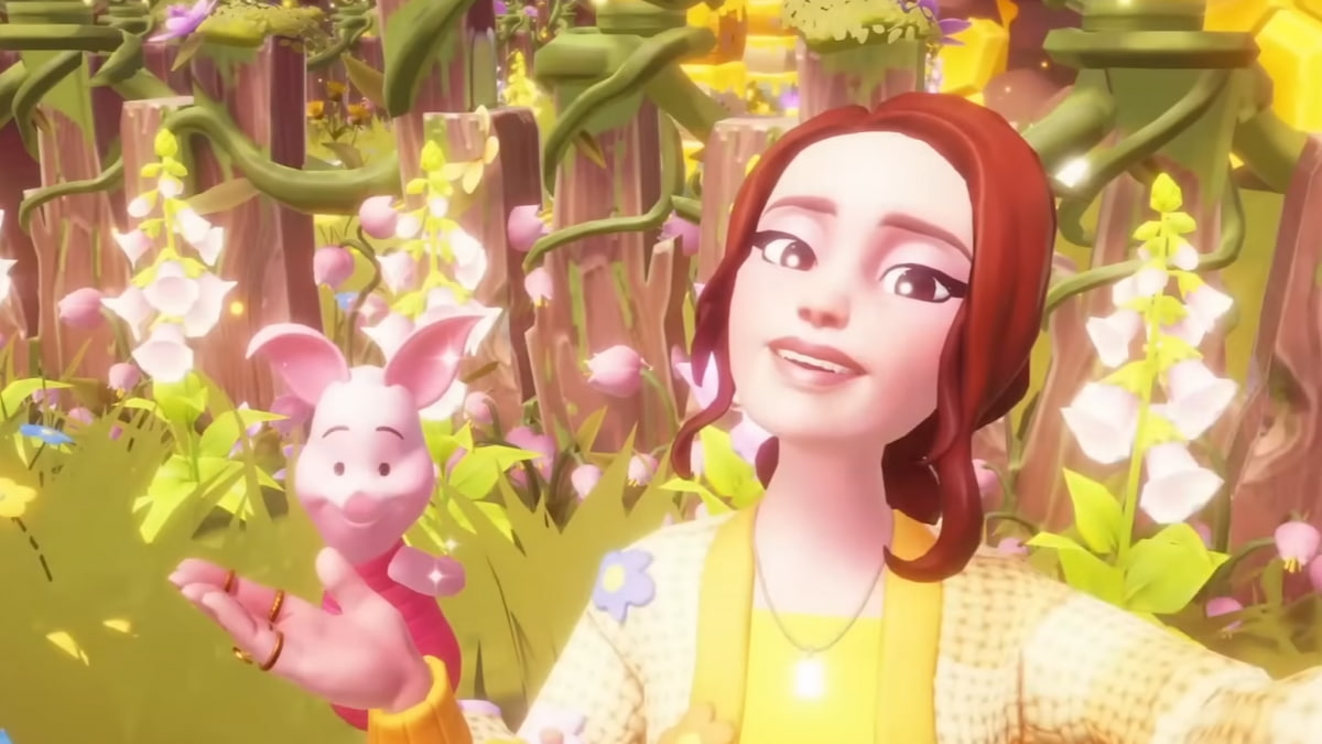 taking picture with piglet and glowing flowers in honeyglow woods in disney dreamlight valley