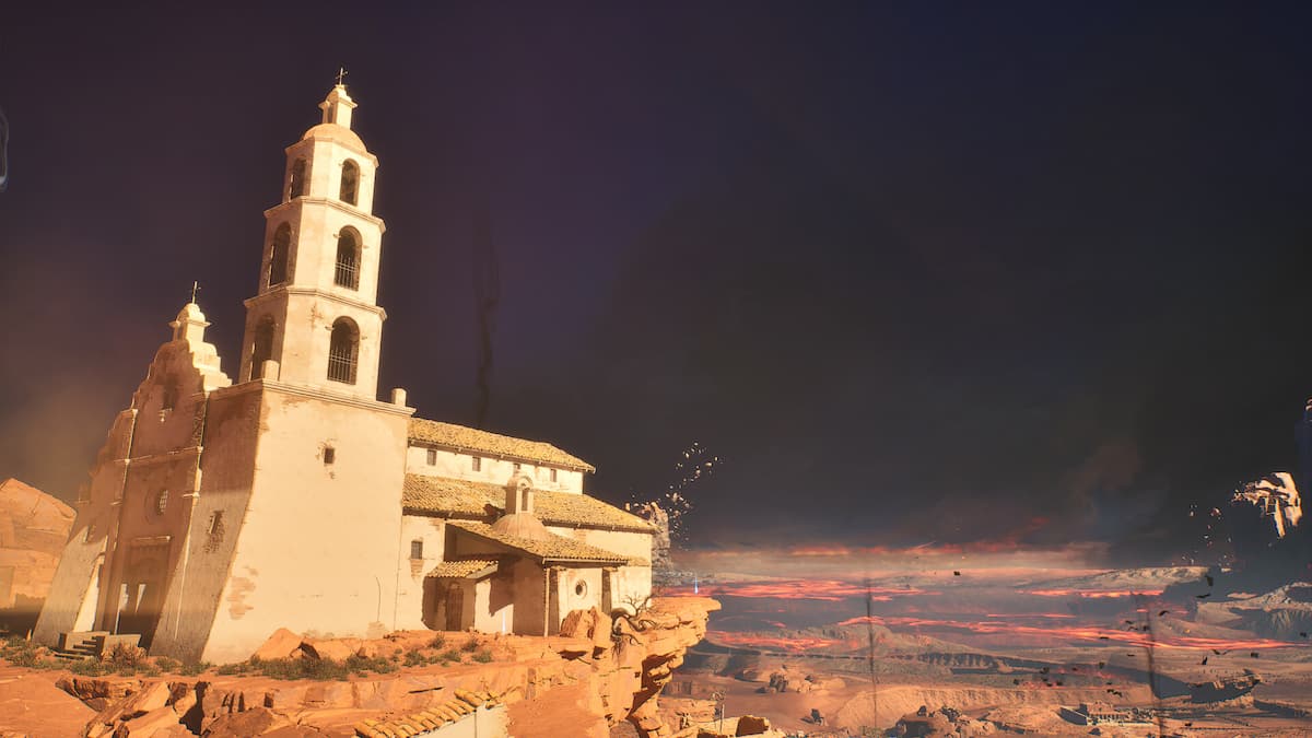 A church on a desert cliff overlooking a dark world in Guns of Eschaton.