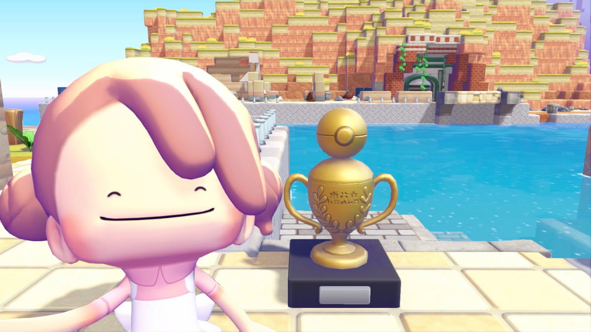 Ditto taking picture with hide-and-sneak trophy in pokopia