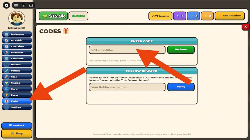 how to redeem codes in business incremental roblox