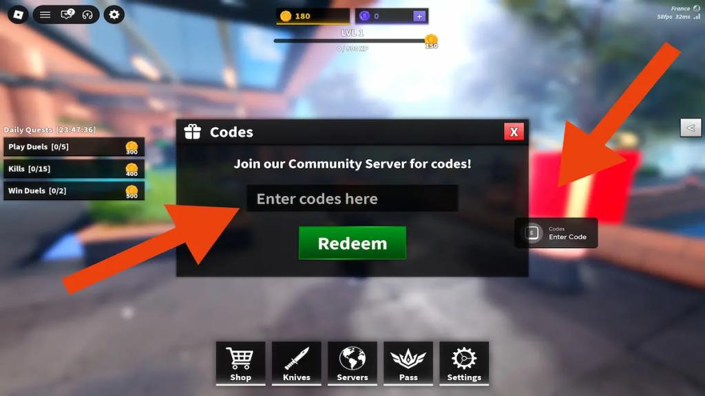 how to redeem codes knife duels roblox