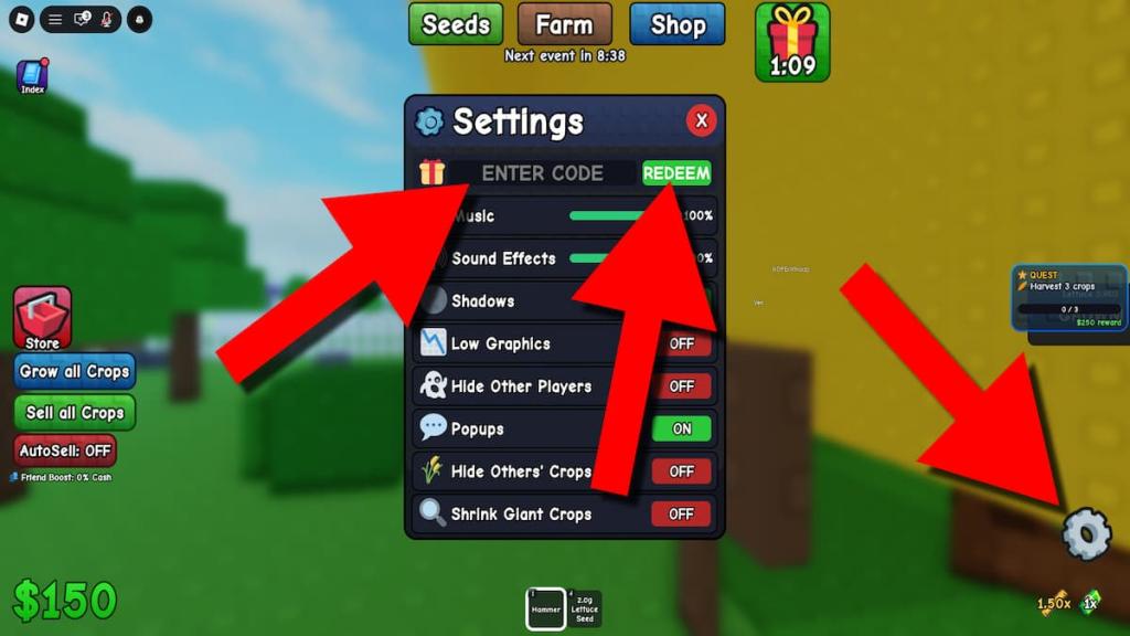 Image showing instructions on redeeming Grow It RNG codes
