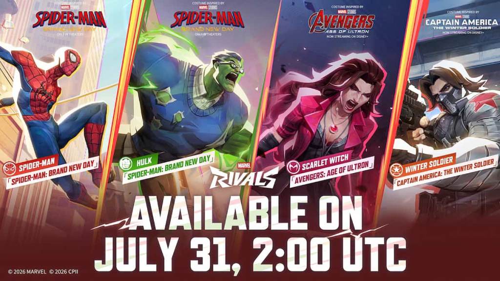 New Marvel Rivals characters splash sheet featuring Hulk, Spider Man, Scarlet Witch, and Captain America skins. 