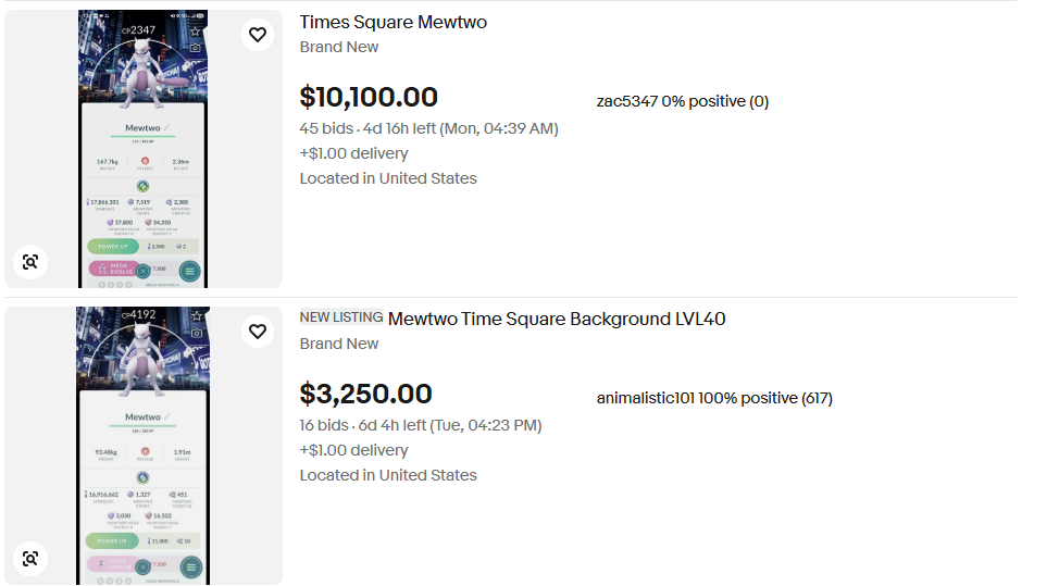 A screenshot of eBay showing two listings of Times Square Mewtwo, one for $10,100 and one for $3,250.