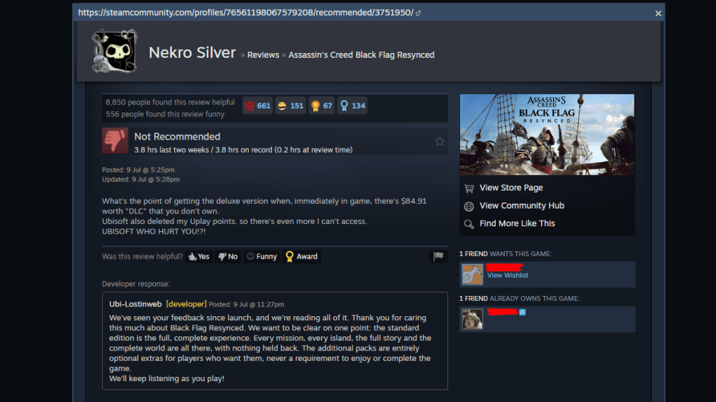 Steam review page of Black Flag Resynced with Ubisoft's response to a negative review. 