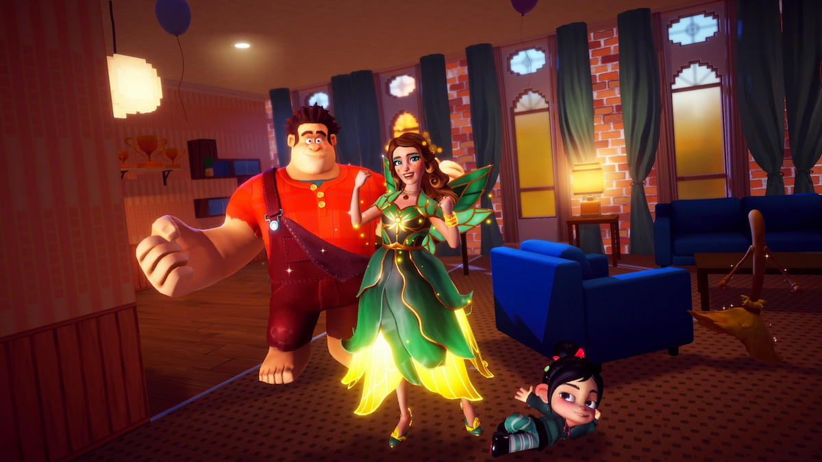 Player standing with ralph and vanellope inside ralph's house in disney dreamlight valley