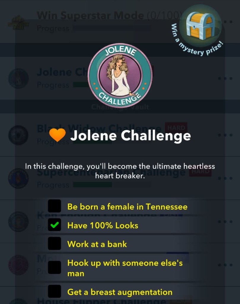 Jolene challenge goals in bitlife