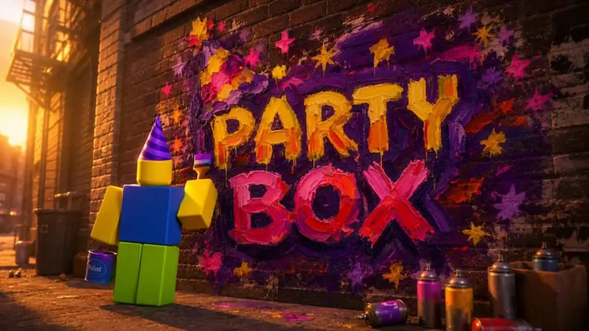 PartyBox featured image depicting a Roblox avatar with a party hat painting the PartyBox logo across a brick wall