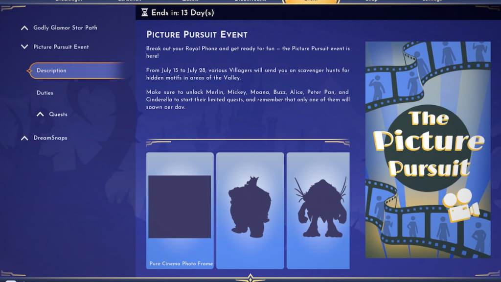 Picture pursuit event page in disney dreamlight valley