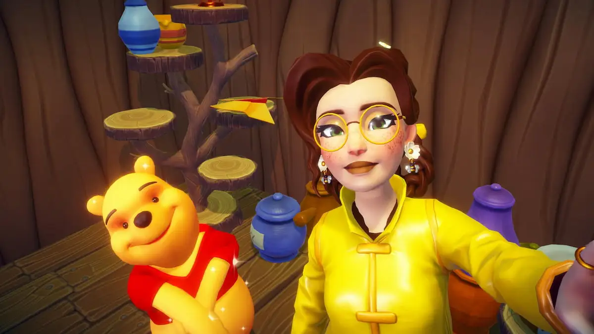 taking picture with winnie the pooh by toy shelf in disney dreamlight valley