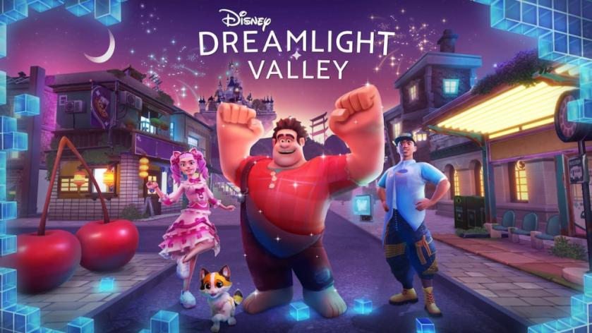 Ralph standing with two players in a city street in disney dreamlight valley for the pixel perfect update