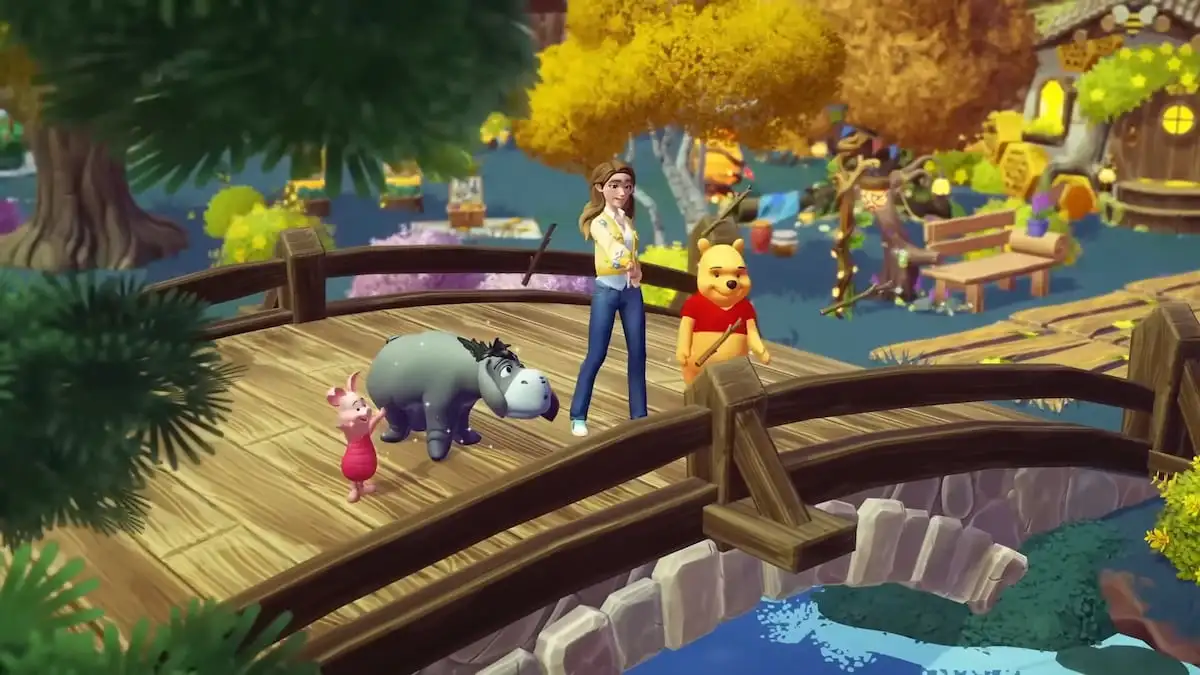 Standing on bridge playing pooh bear sticks in disney dreamlight valley